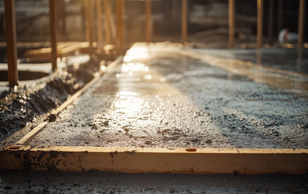Wet concrete is poured for foundation. Wooden frame surrounds th